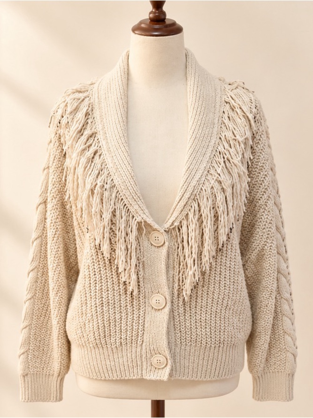 Fringe Shawl-Collar Knit Cardigan Sweater - Cream